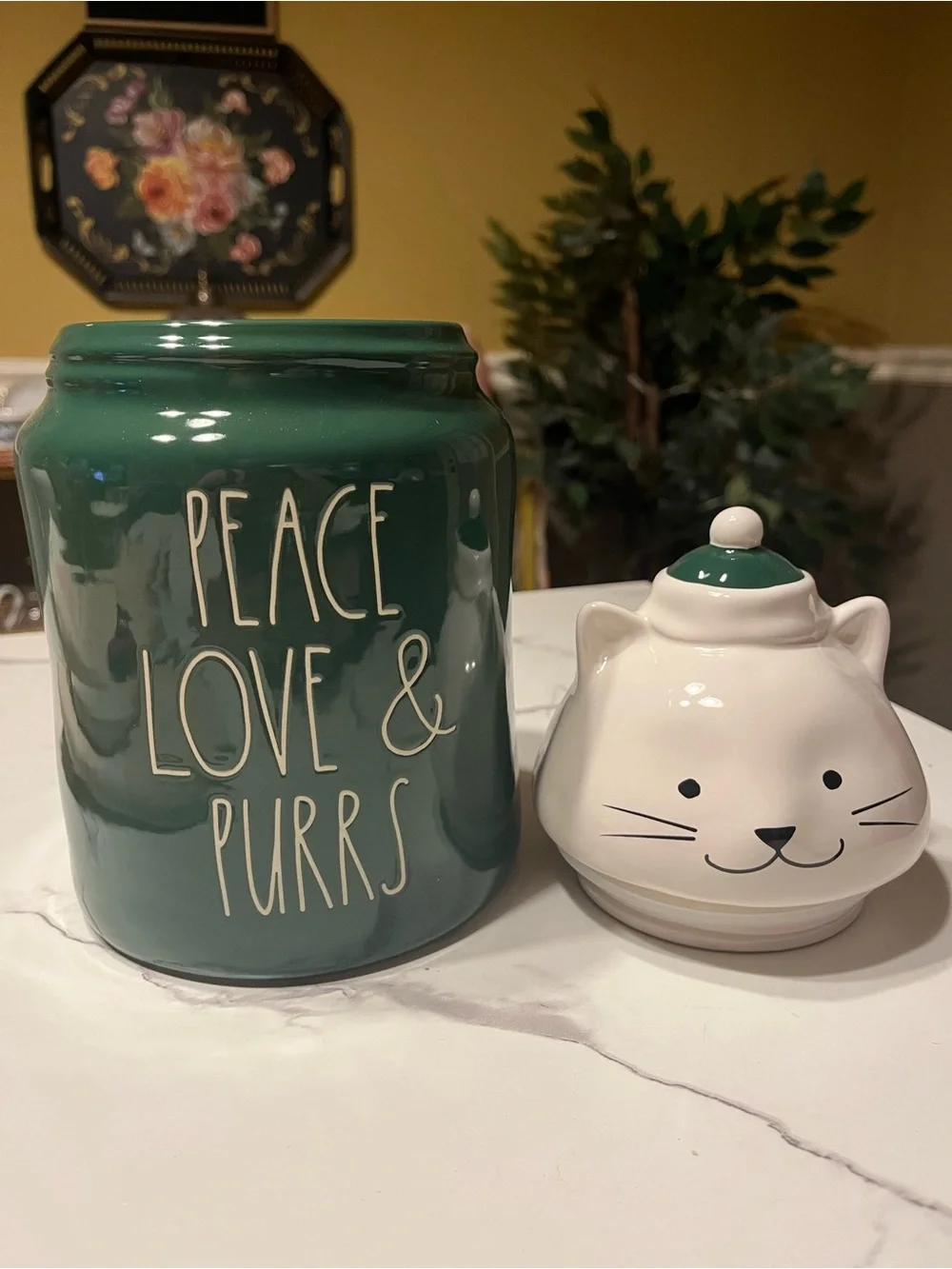 Rae Dunn Peace Love & Purrs Figural Cat Canister